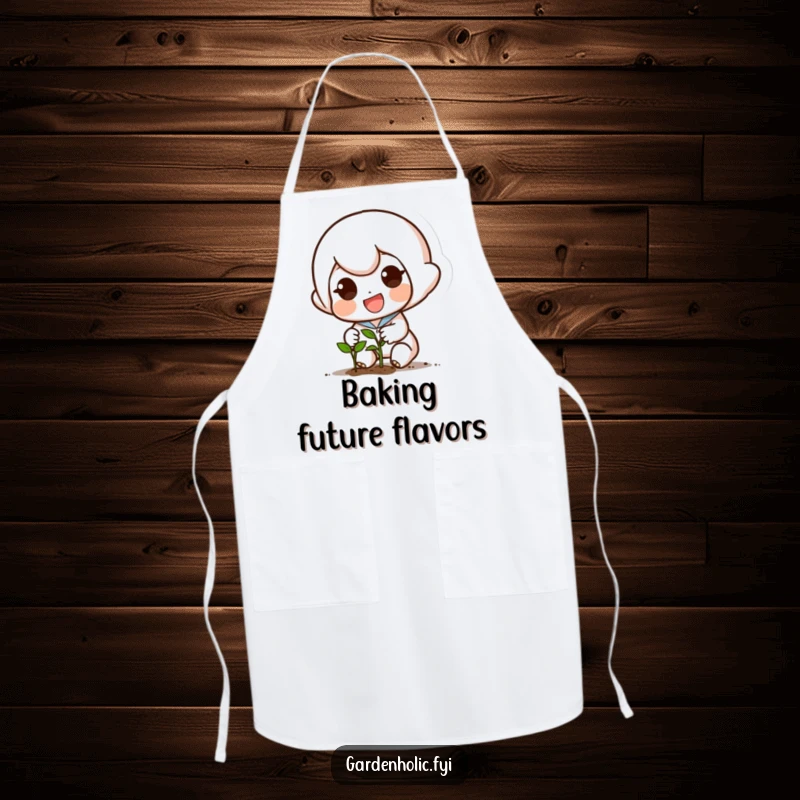 Funny apron featuring a small, excited character planting a tiny seed with a determined smile, practical for cooking or gardening.