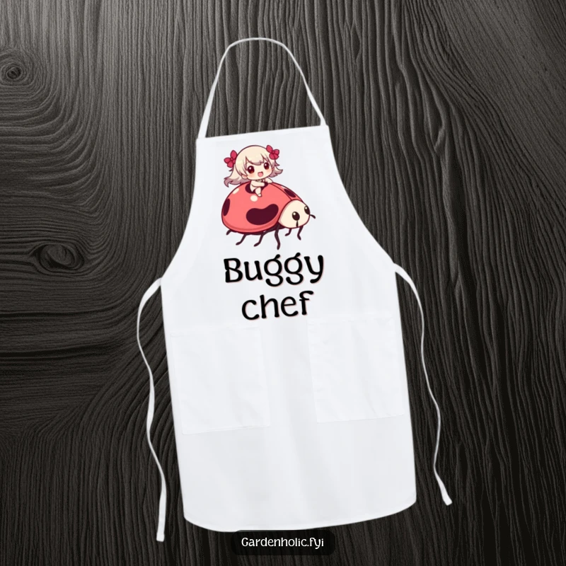 Funny Apron: A character happily rides a giant ladybug, adding a humorous and practical touch to kitchen wear.