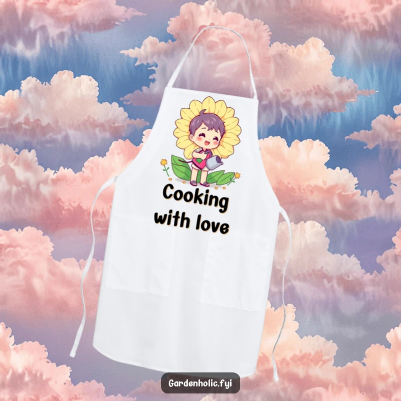 Funny apron showing a character happily watering a gigantic, smiling flower with a mini watering can, ready for culinary garden creations.