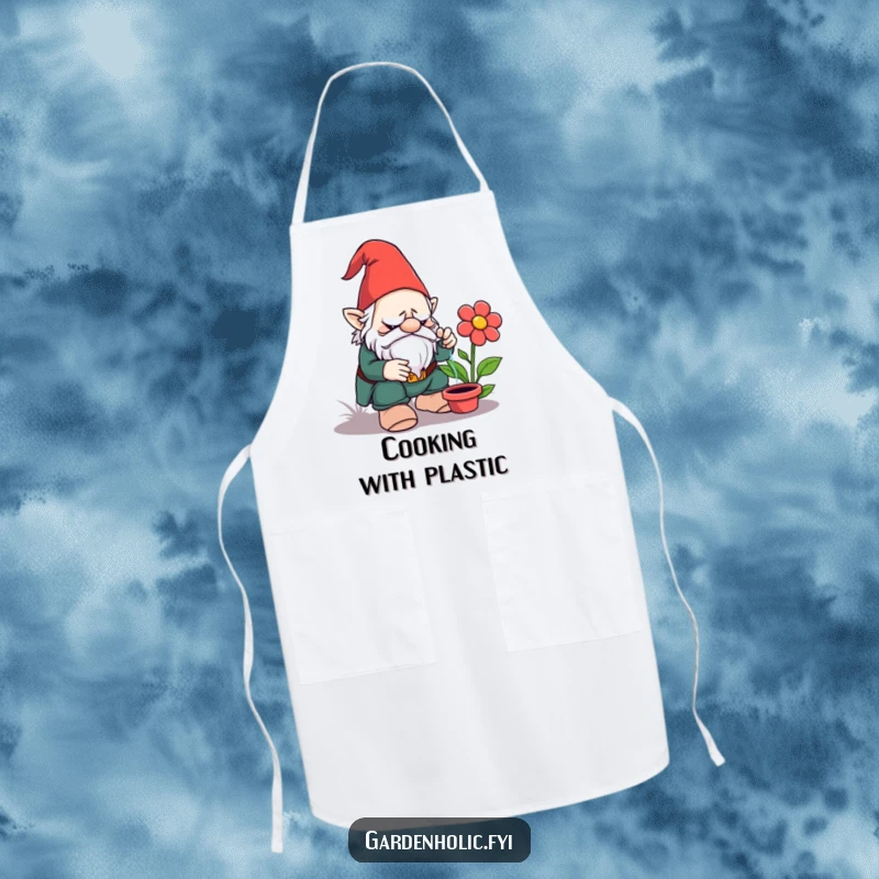 Funny apron: A grumpy garden gnome with watering can aimed at a plastic flower, a humorous cooking and gardening accessory.