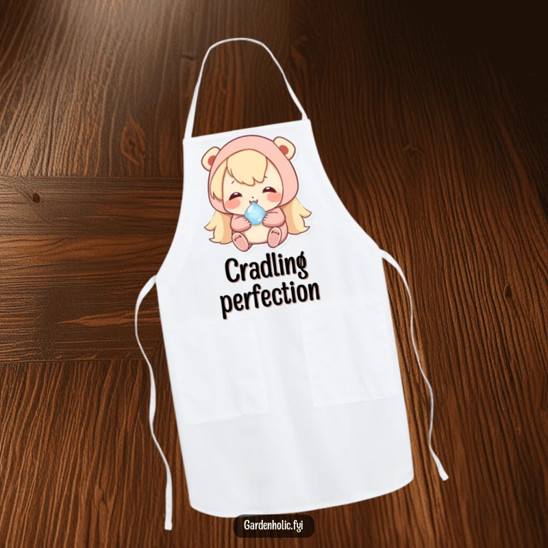 Funny apron featuring a happy character carefully cradling a tiny, shimmering dewdrop, perfect for kitchen humor.