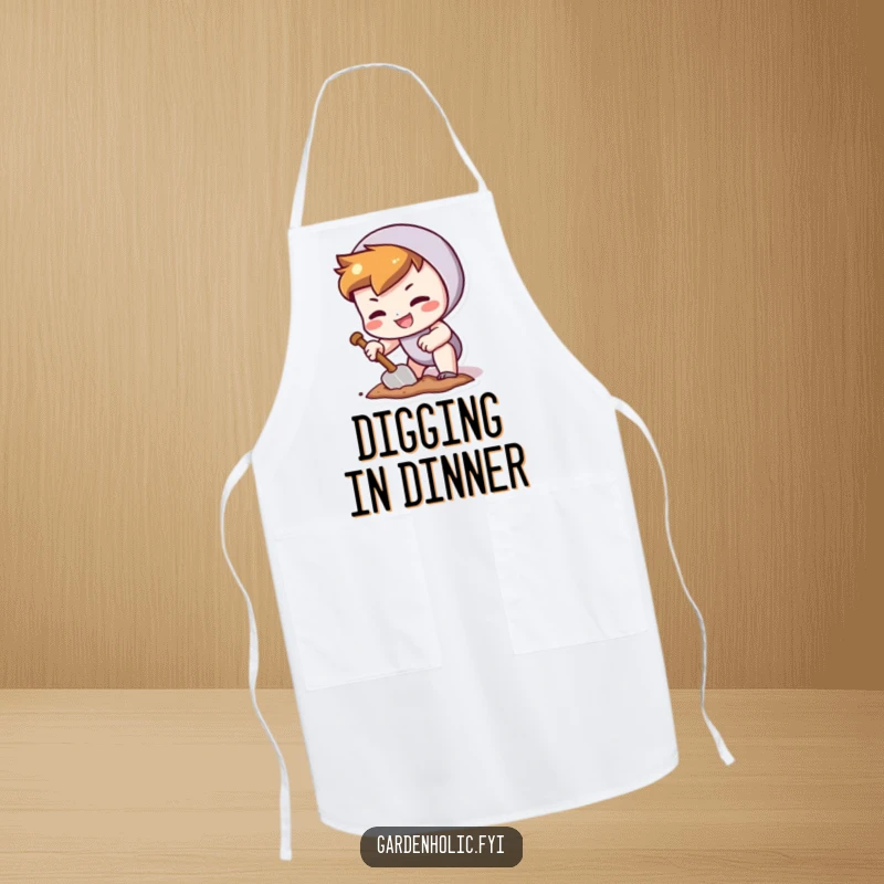 Funny apron showing a character with a determined grin, digging a tiny hole with a trowel, ideal for a dedicated chef.