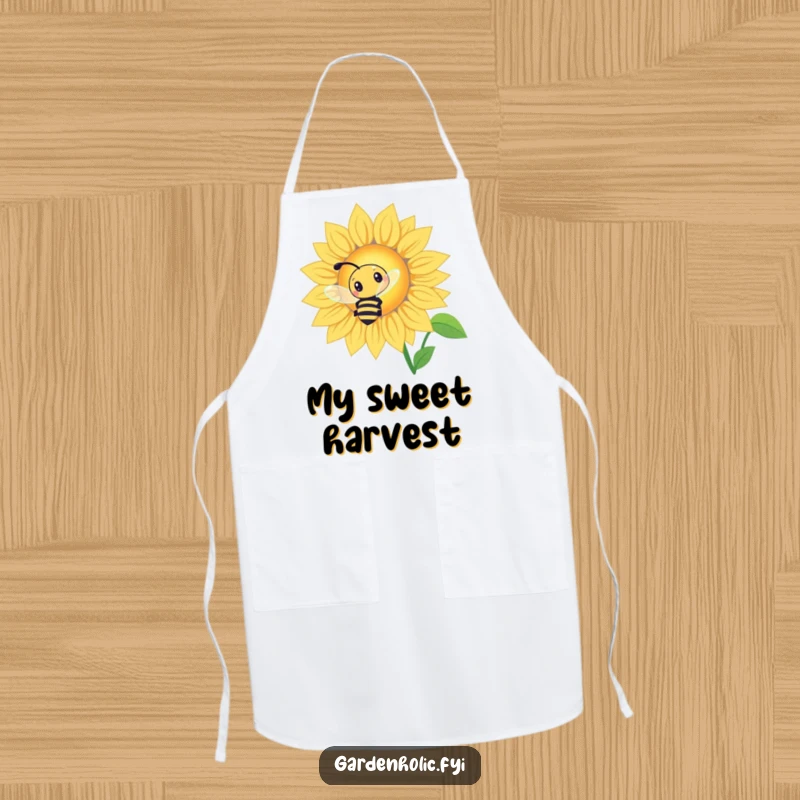 Funny Bee Sunflower Apron: A curious bee buzzing around a giant glowing sunflower, for kitchen use.