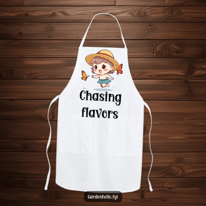 Funny apron featuring a character in a straw hat excitedly chasing a butterfly, perfect for kitchen humor.