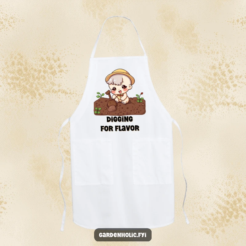 Funny Apron: Cute character digging in soil, symbolizing fresh ingredients and garden fun, an ideal humorous gift for cooks and gardeners.