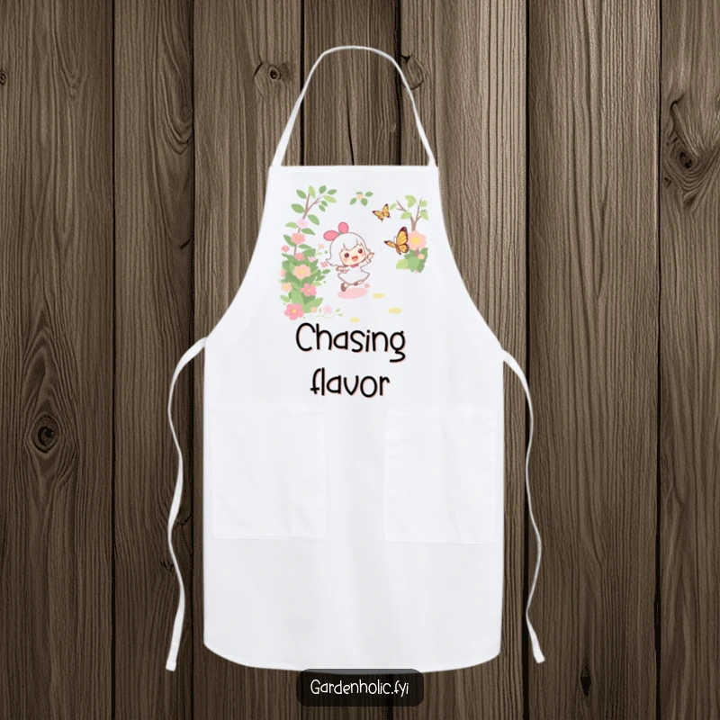 Funny apron with a character joyfully chasing a butterfly through a garden, ideal for enthusiastic gardeners and nature lovers.