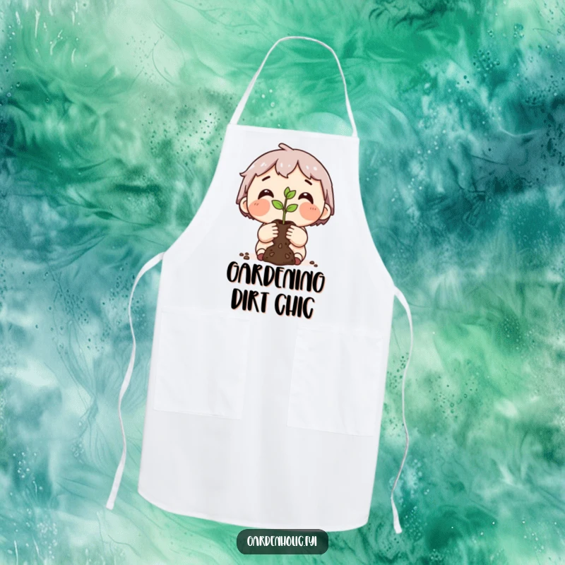 Funny apron featuring a dirt-smudged character proudly holding a tiny seedling, blending garden pride with kitchen practicality.