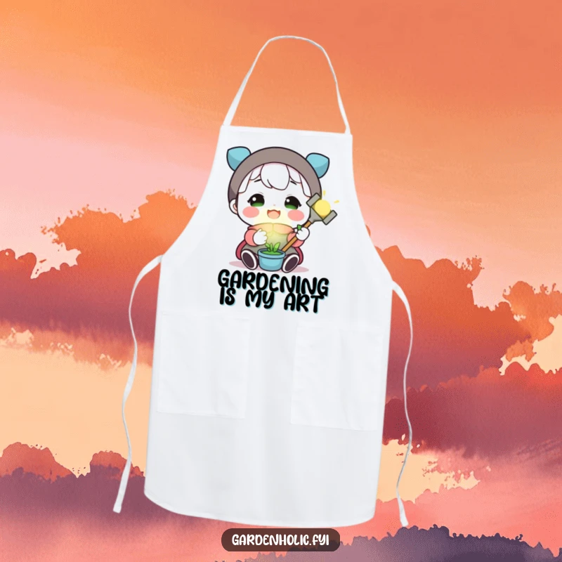 Funny apron showing a happy character holding a tiny, glowing gardening tool, perfect for kitchen or garden duties.