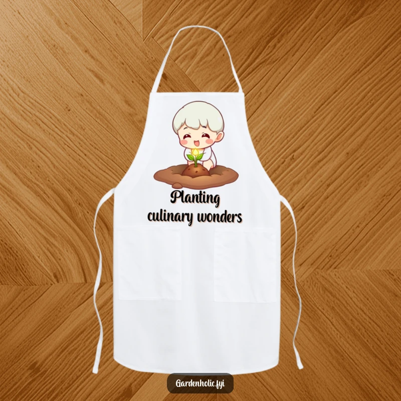 Funny Apron: Character excitedly planting a tiny, glowing seed, perfect for kitchen fun and adding a humorous spark.