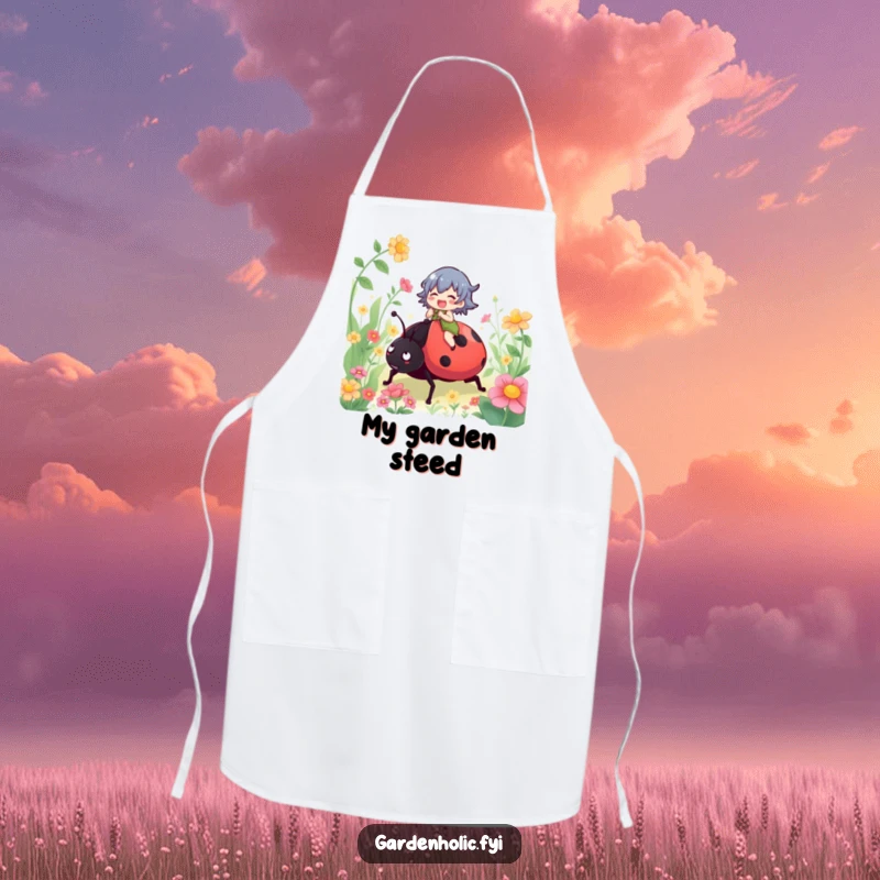 Funny apron showing a gleeful character riding a ladybug in a garden, perfect for kitchen fun and protection.