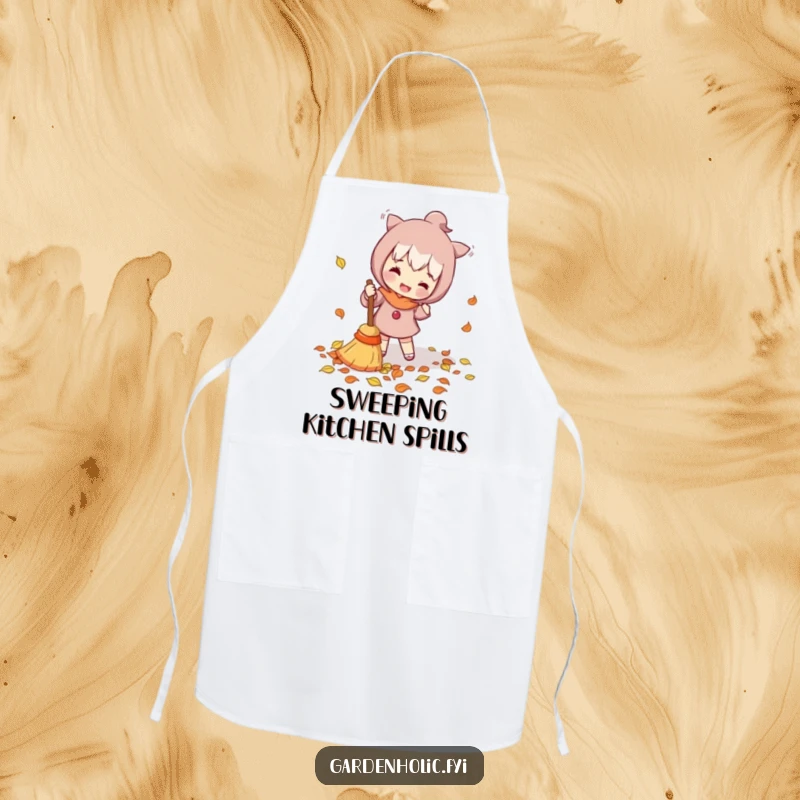 Funny Apron: Character enthusiastically sweeping fallen leaves with a tiny broom, perfect for kitchen fun and adding humorous tidiness.