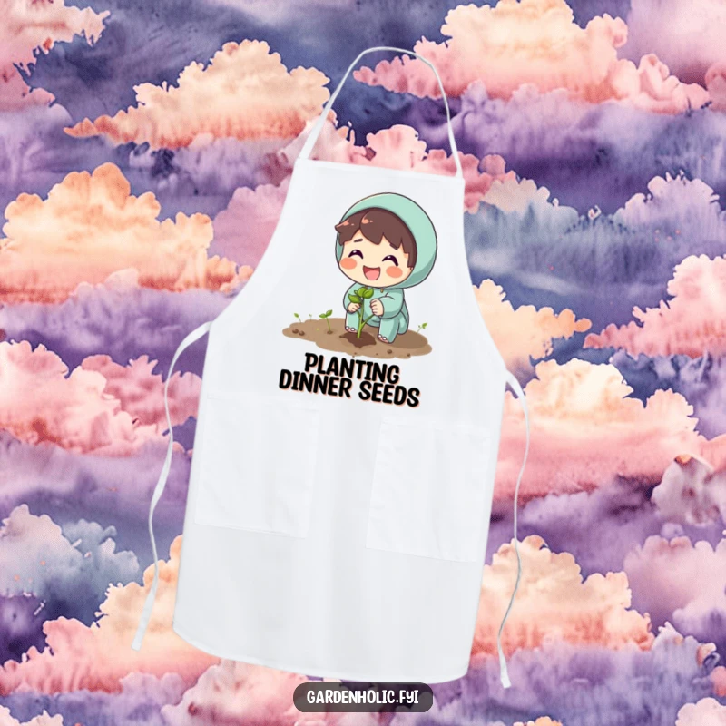 Funny apron design showing an excited character planting a seed with a beaming smile, great for cooking.