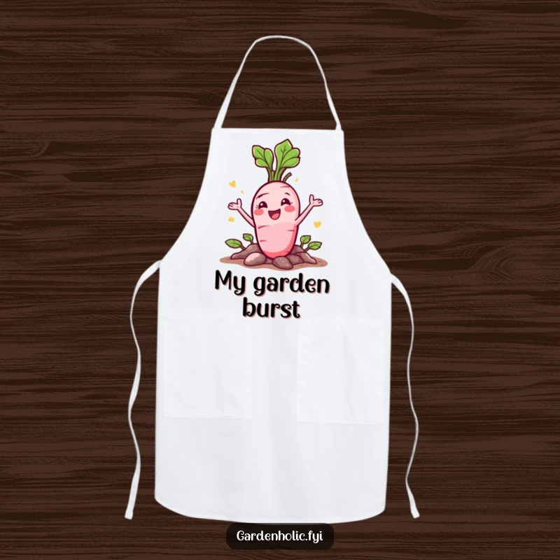 Funny Radish Apron: A happy character bursting from the ground with a flourish, for cooking.
