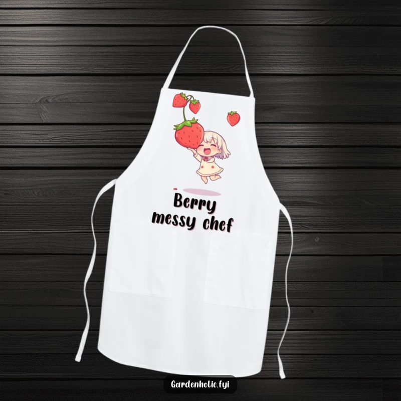 Funny apron featuring a character joyfully catching an oversized strawberry, perfect for kitchen humor.