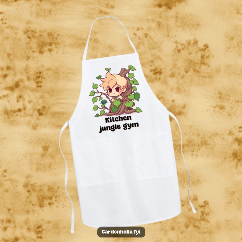 Funny Apron: A determined character comically fighting a giant, wild vine, offering a humorous cooking companion. Great funny gift.