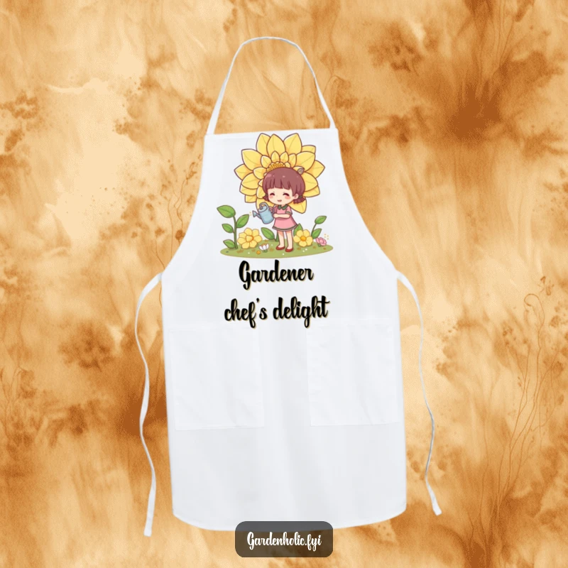 Funny apron design showing a character happily watering a huge flower with a small watering can, great for gardening.