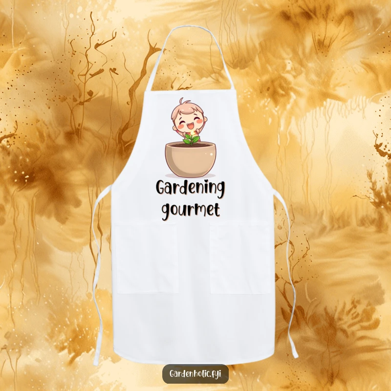 Funny apron showing a cute character joyfully planting a tiny, sparkling seed in a large pot, ready for culinary garden creations.
