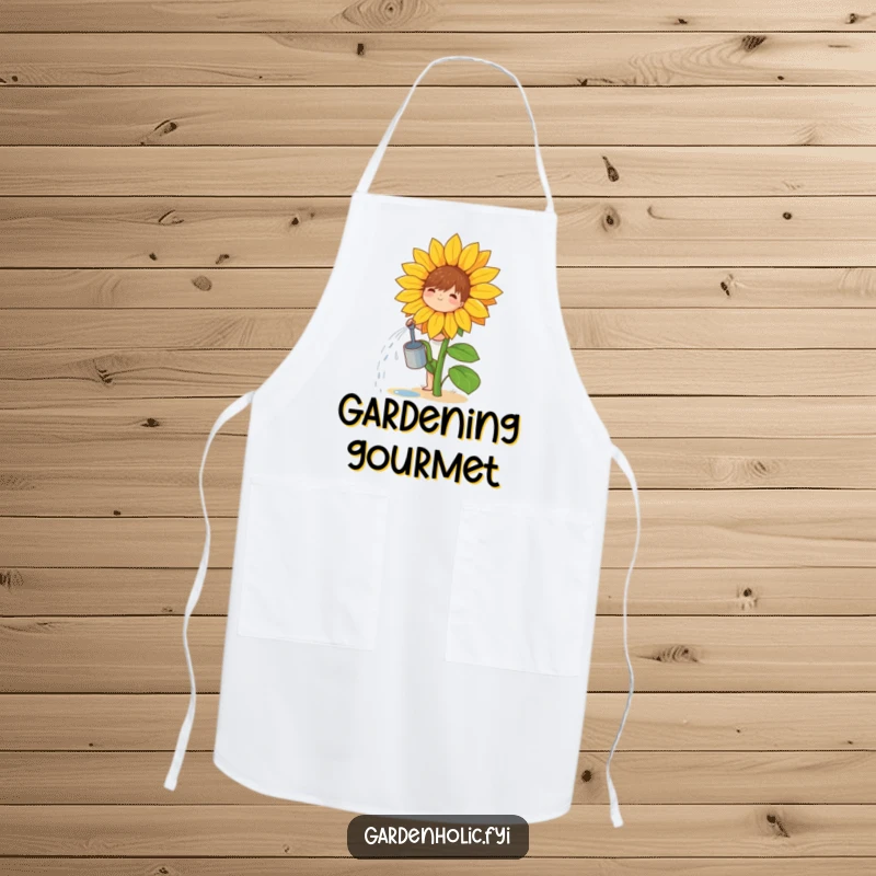 Funny apron showing a small, joyful character watering a giant sunflower, perfect for a garden-loving chef.