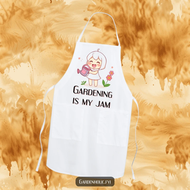 Funny apron featuring a cute character joyfully watering a small blooming flower with a tiny watering can, perfect for kitchen or garden use.