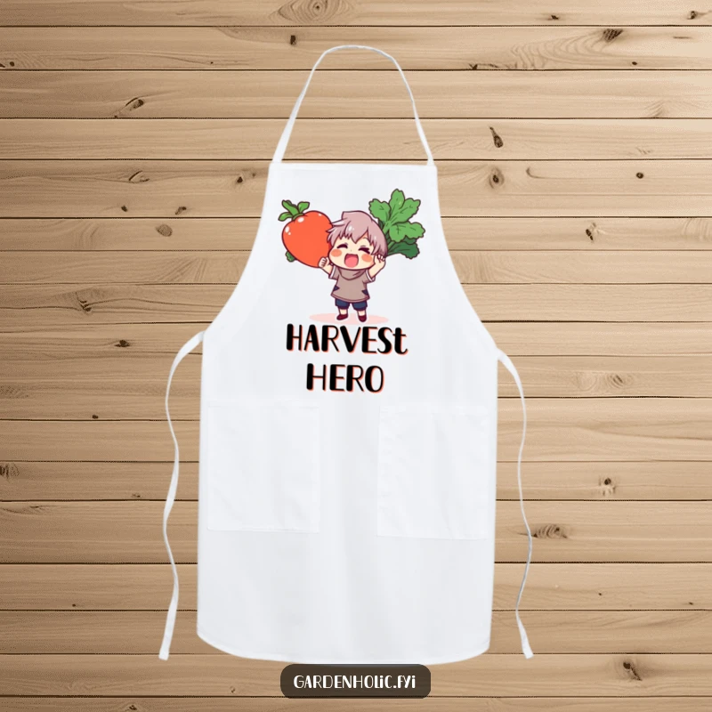 Funny apron displaying a cheerful character holding a jumbo, vividly colored vegetable, perfect for cooking and kitchen activities.
