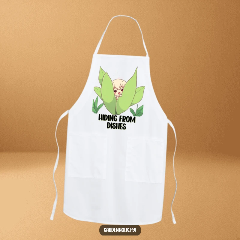 Funny Apron: Character playfully peeking out from behind a large, leafy plant, perfect for kitchen fun and protecting clothes.