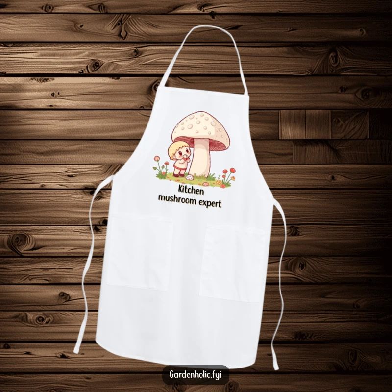 Funny Apron: A character excitedly examines a giant, dewy mushroom, adding a humorous and practical element to kitchen wear.