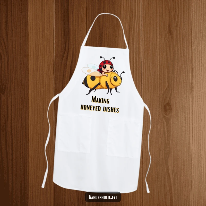 Funny ladybug character riding a friendly bumblebee on a kitchen apron, a cute and funny cooking gift.