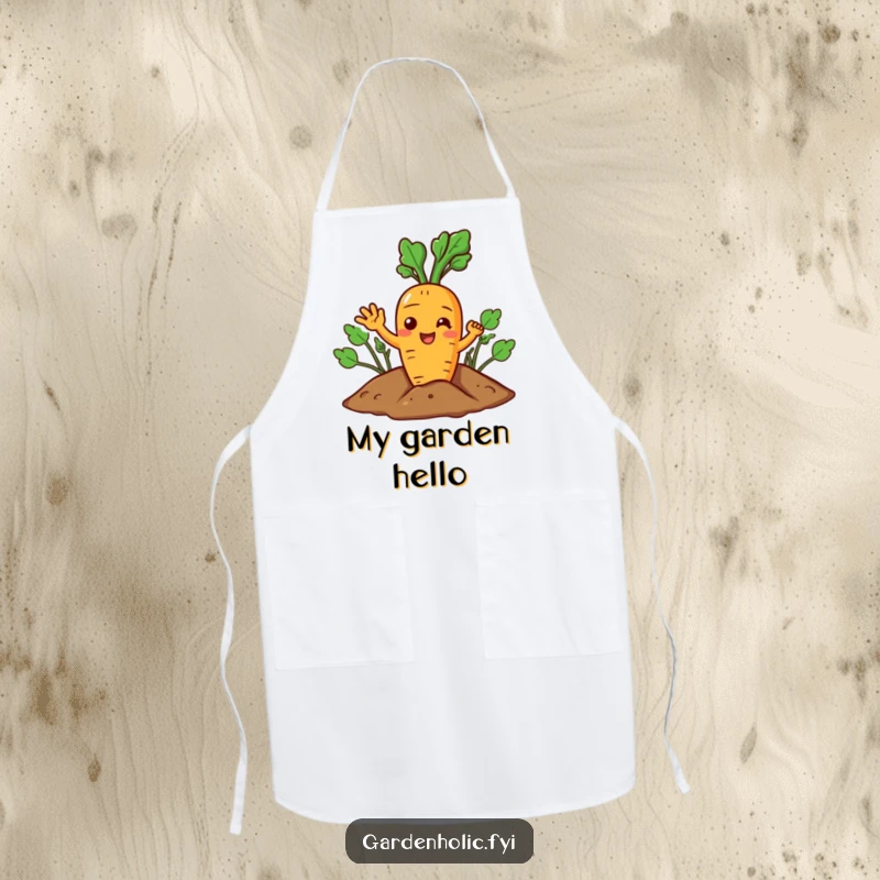 Funny Carrot Apron: A joyful character giving a cheerful wave from the soil, for kitchen use.
