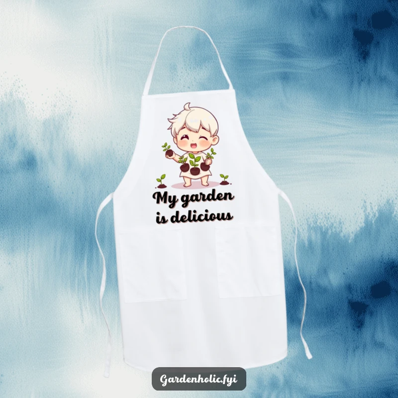 Funny apron showing a character happily juggling three small seedlings, designed for gardeners who appreciate gentle care.