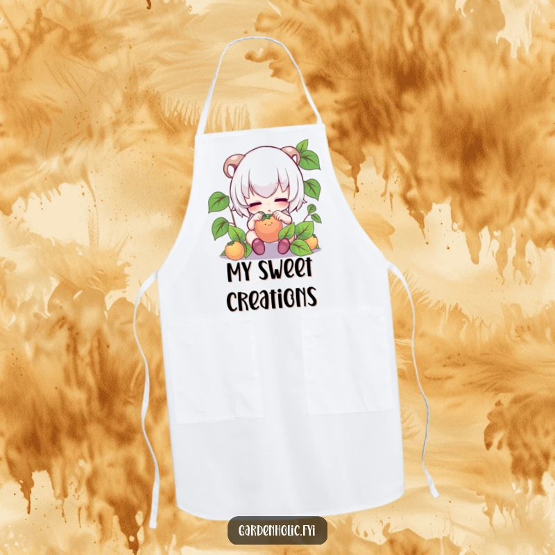 Funny apron: Cute character with intense focus, gently tending to a tiny fruit, ready for the kitchen.