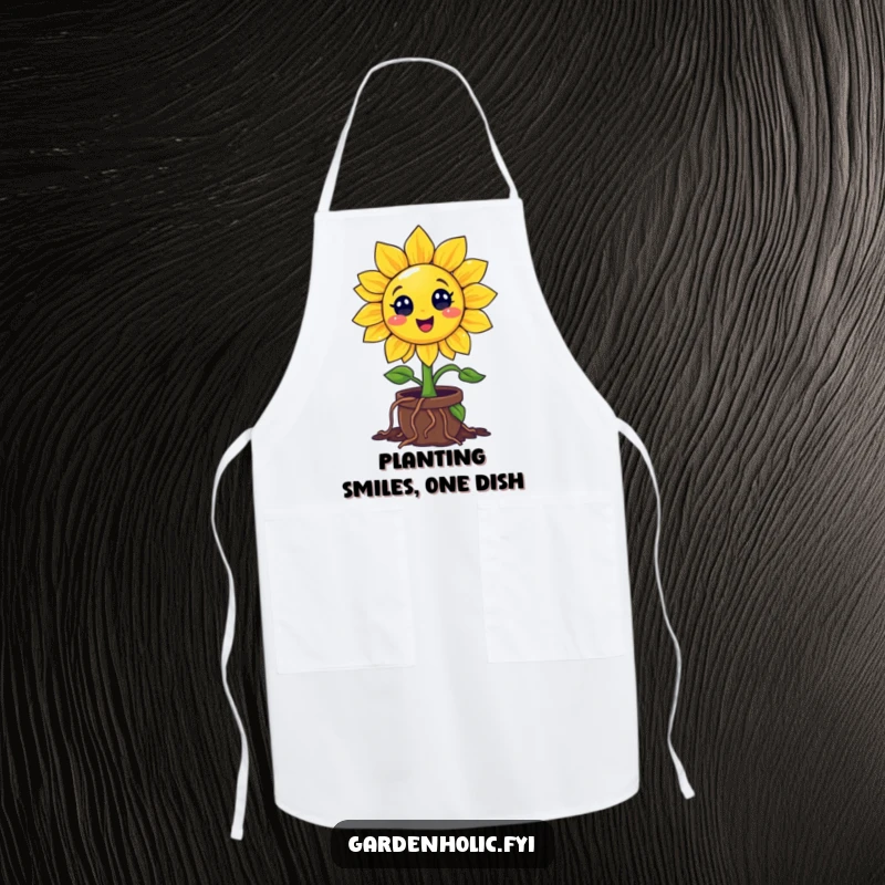 Funny Sunflower Apron: Enthusiastic Character Digging Roots into a Tiny Pot, Humorous Kitchen Wear for Garden Lovers