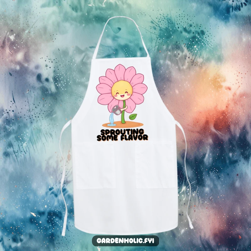 Funny sprout character joyfully watering a huge, smiling flower on a kitchen apron, a funny cooking gift.