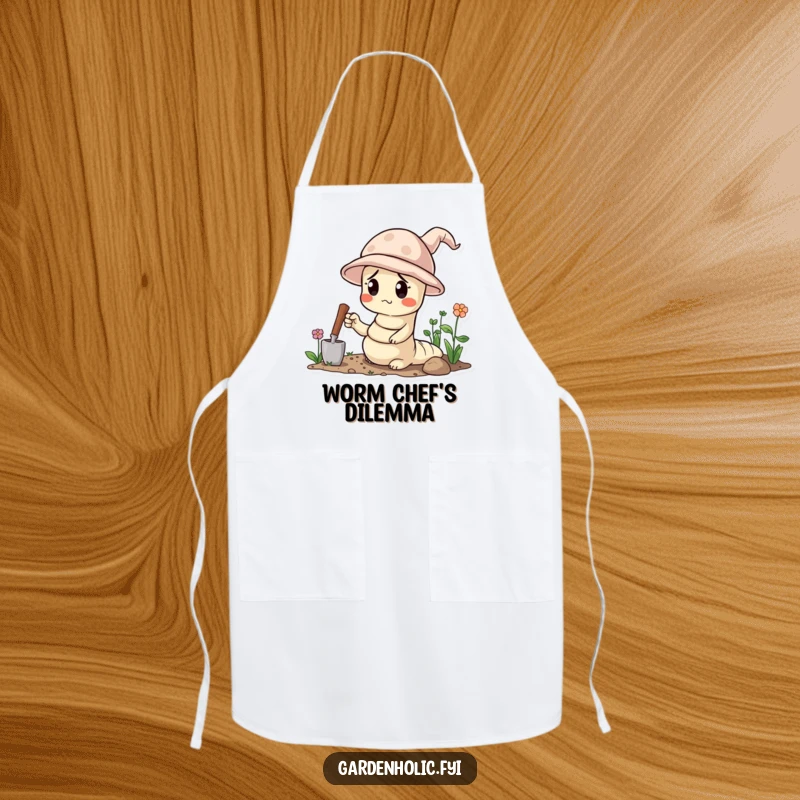 Funny apron graphic of a confused worm wearing a tiny gardening hat and holding a trowel, perfect for garden chores.
