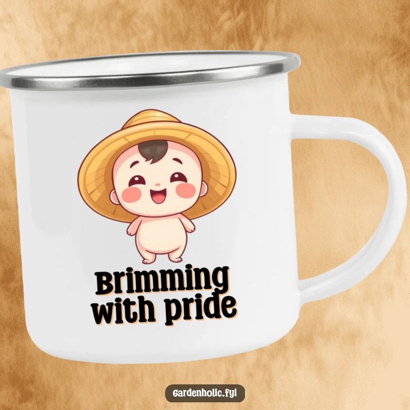 Funny Camping Mug: Entity wearing a straw hat, beaming with pride, perfect for outdoor adventures and celebrations, a great funny gift.