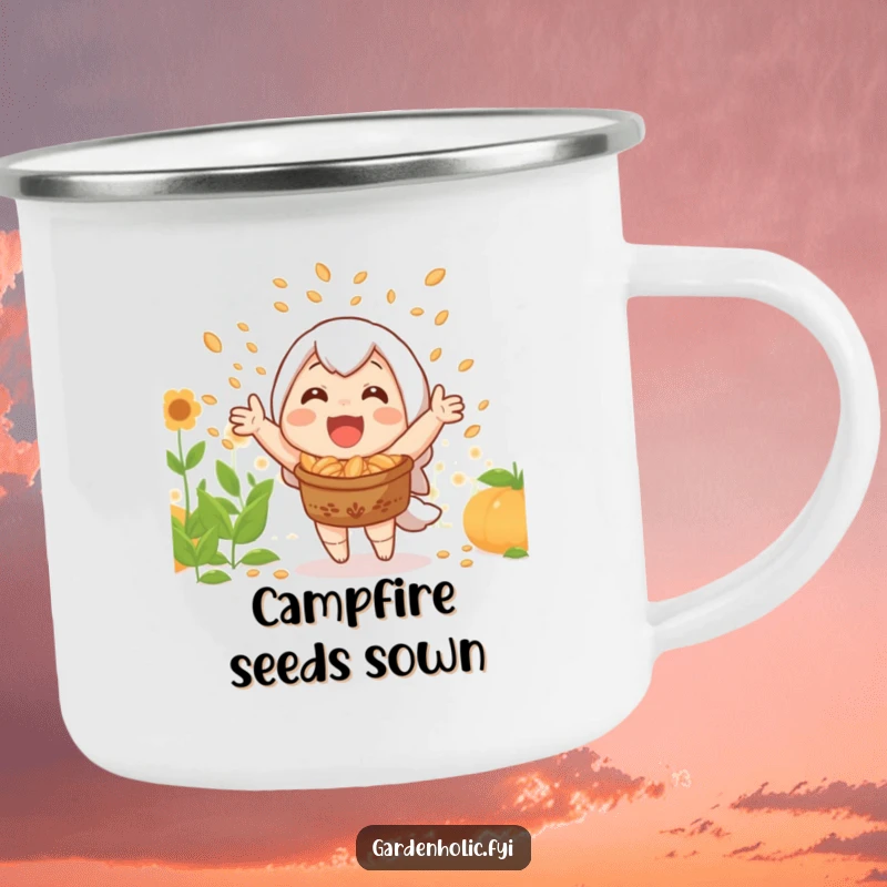 Funny camping mug showing a joyful character celebrating a bountiful harvest with a shower of seeds in an outdoor setting.