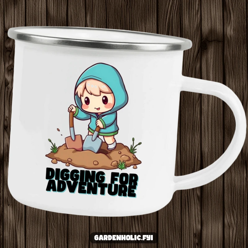 Funny camping mug with a character digging energetically using a miniature shovel, perfect for outdoor humor.