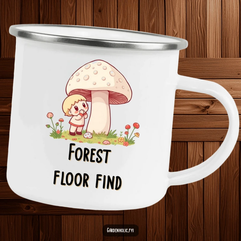 Funny Camping Mug: A character excitedly examines a giant dewy mushroom, great for outdoor enjoyment and humor.