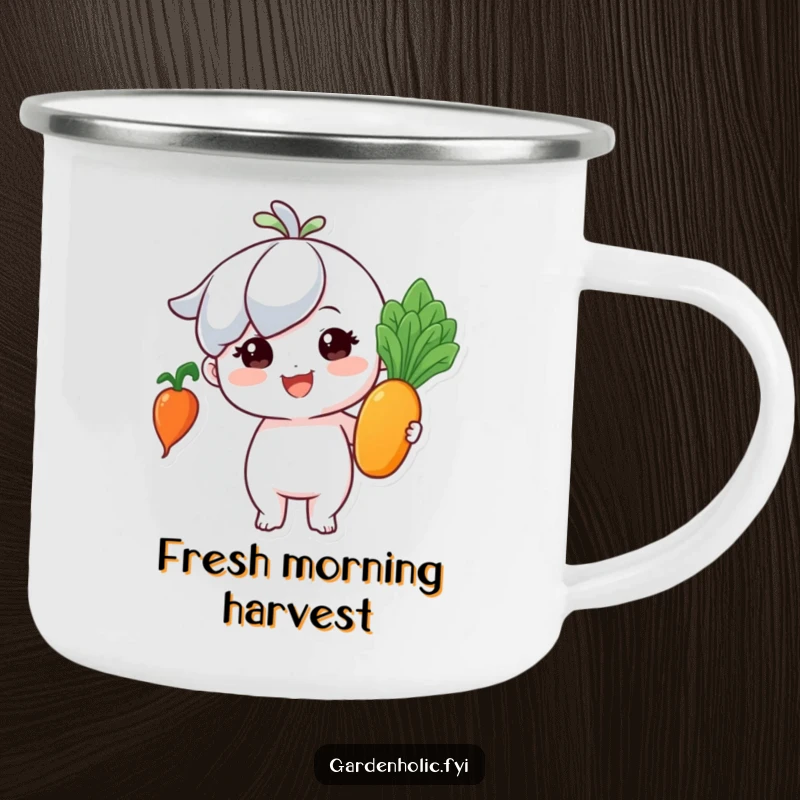Funny camping mug: Tiny character beaming with pride, holding a perfect, shiny vegetable, ready for camping.