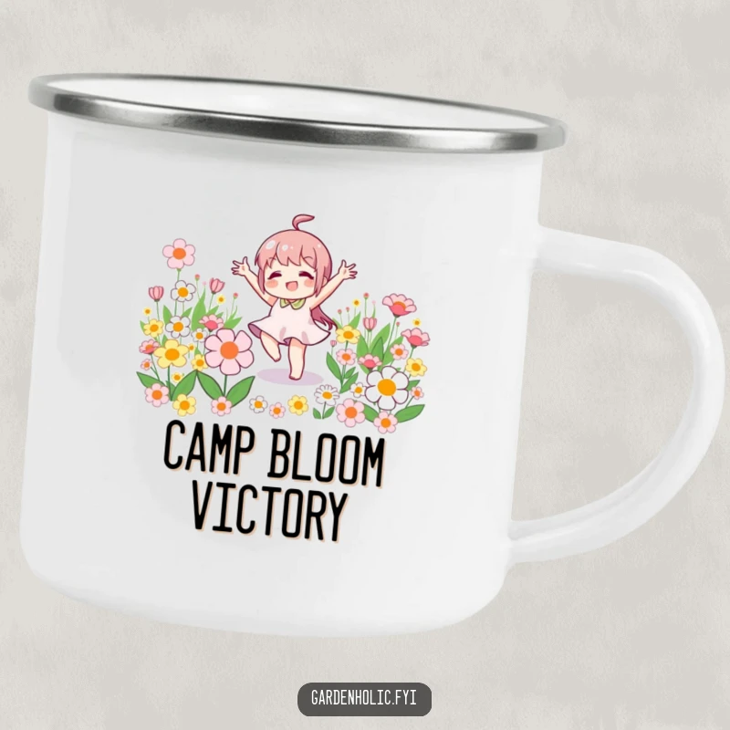 Funny camping mug with a little character joyfully doing a victory dance amidst blooming flowers, perfect for outdoor use.