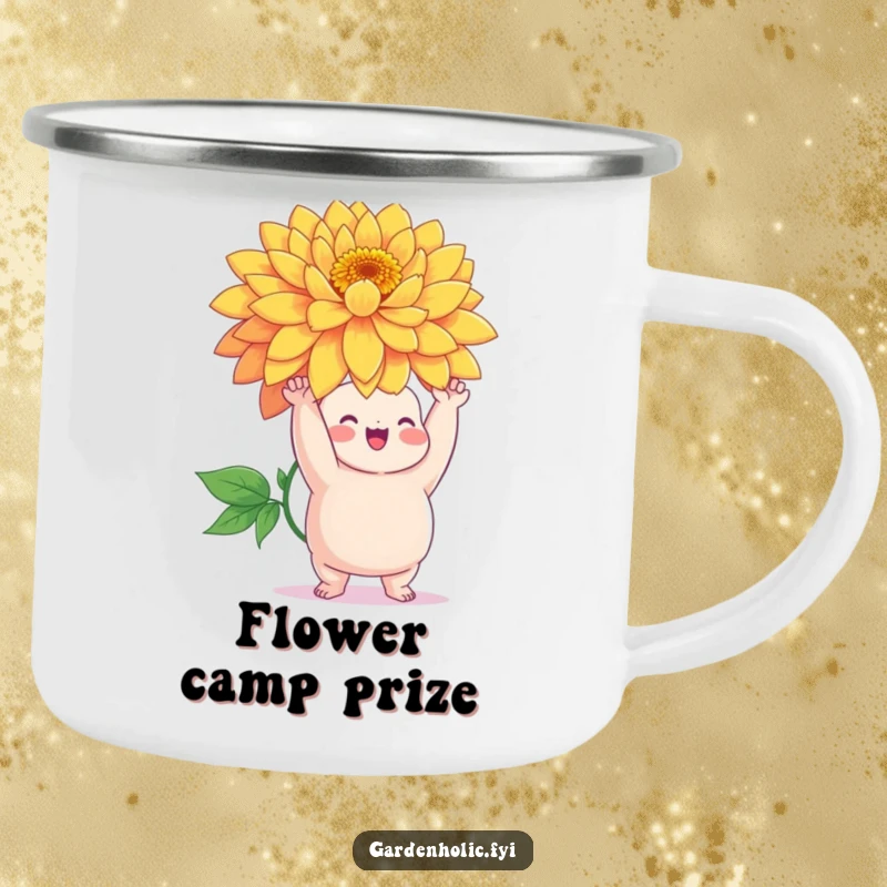 Funny camping mug with a chubby character triumphantly holding a giant, vibrant flower, perfect for outdoor use.