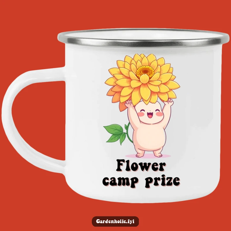 Funny Camp Mug: Chubby Character with Giant Flower, Hilarious Outdoor Gift