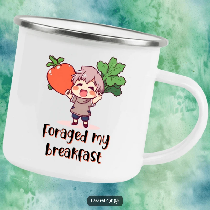 Funny camping mug with a happy character holding a huge, vibrant vegetable, perfect for outdoor enthusiasts and humor lovers.