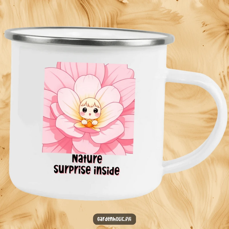 Funny Camping Mug of a small character with wide eyes peeking out from a giant flower bloom, perfect for nature's cute surprises.