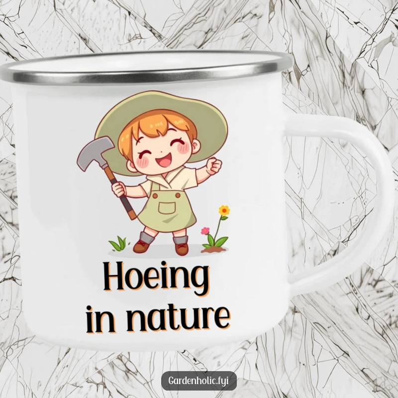 Funny Camping Mug of a person joyfully swinging a gardening hoe with a determined smile, perfect for outdoor gardeners.