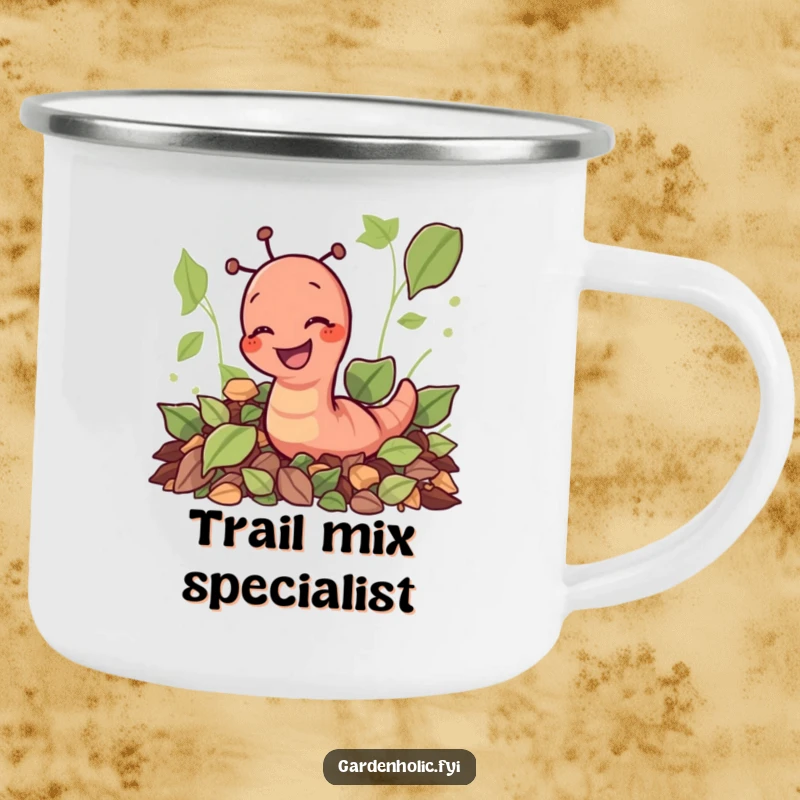 Funny giggling earthworm digging through leaves on a durable camping mug, a fun and funny outdoor gift.