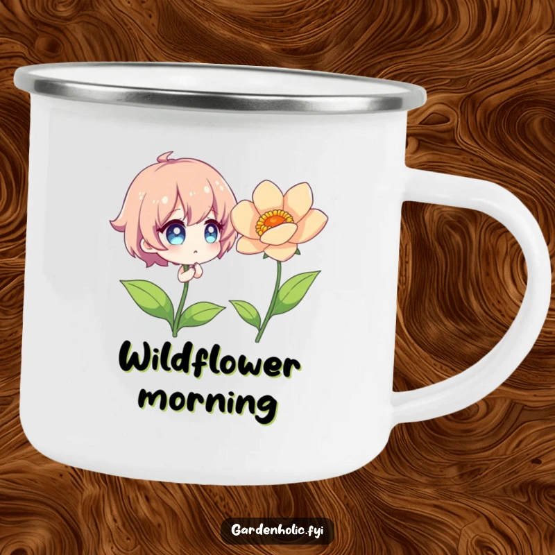 Funny Camping Mug with a character admiring a vibrant, perfectly bloomed flower.