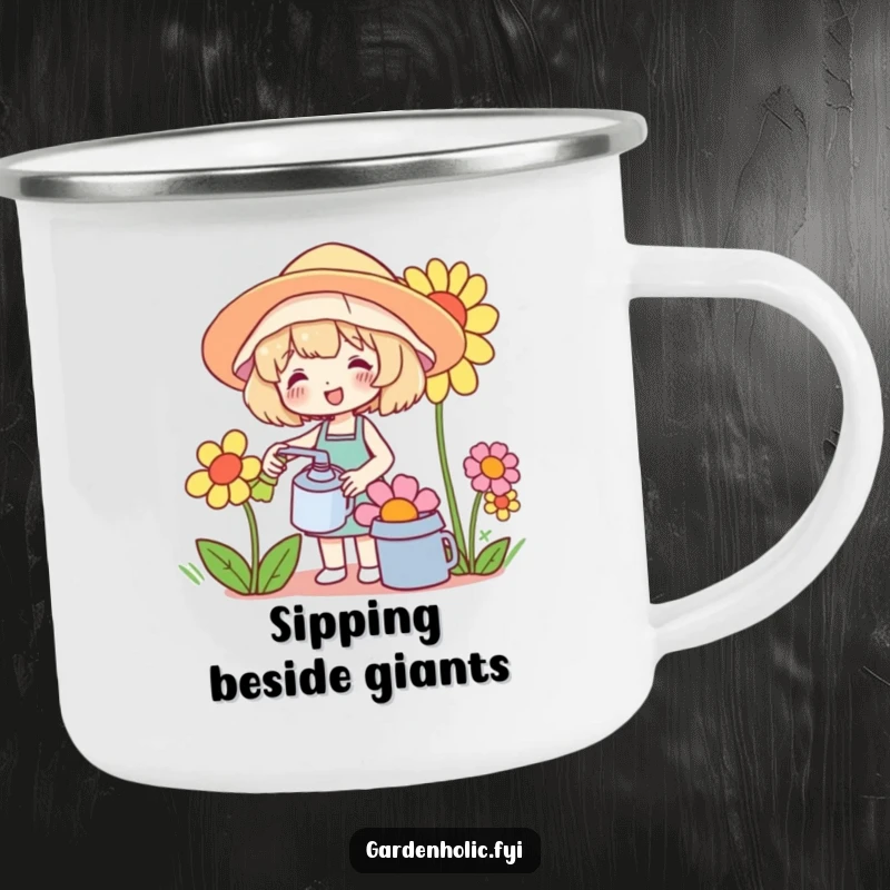 Funny camping mug showing a cute character happily watering a comically oversized flower, perfect for gardeners enjoying the outdoors.