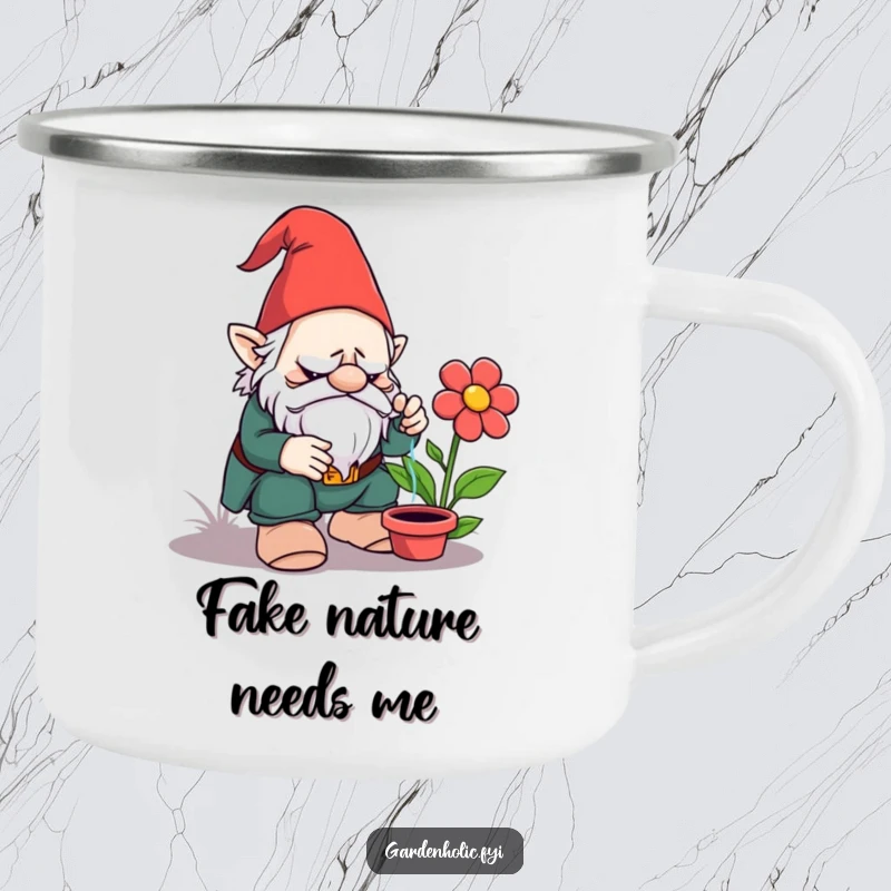 Funny camping mug: Grumpy garden gnome watering a plastic flower, a humorous outdoor adventure companion.