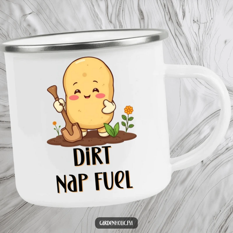 Funny camping mug: A happy potato wearing gardening gloves, digging with gusto, a humorous outdoor accessory.