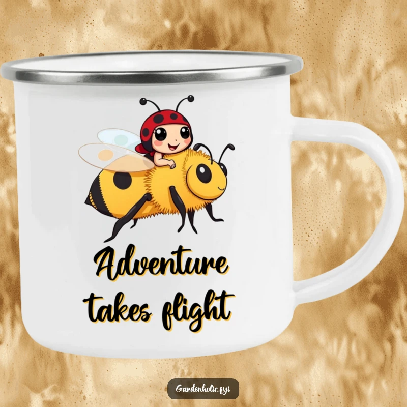 Funny ladybug character riding a friendly bumblebee on a durable camping mug, a cute and funny outdoor gift.